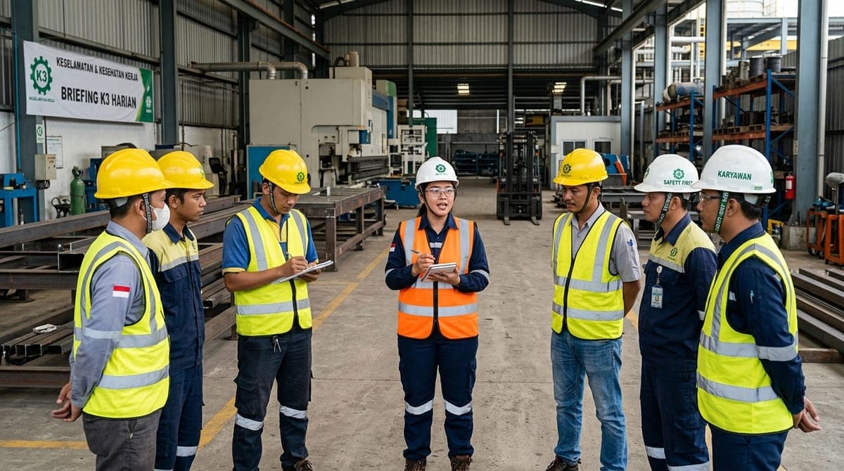 Instruktur dan peserta safety briefing pelatihan sertifikasi industri K3